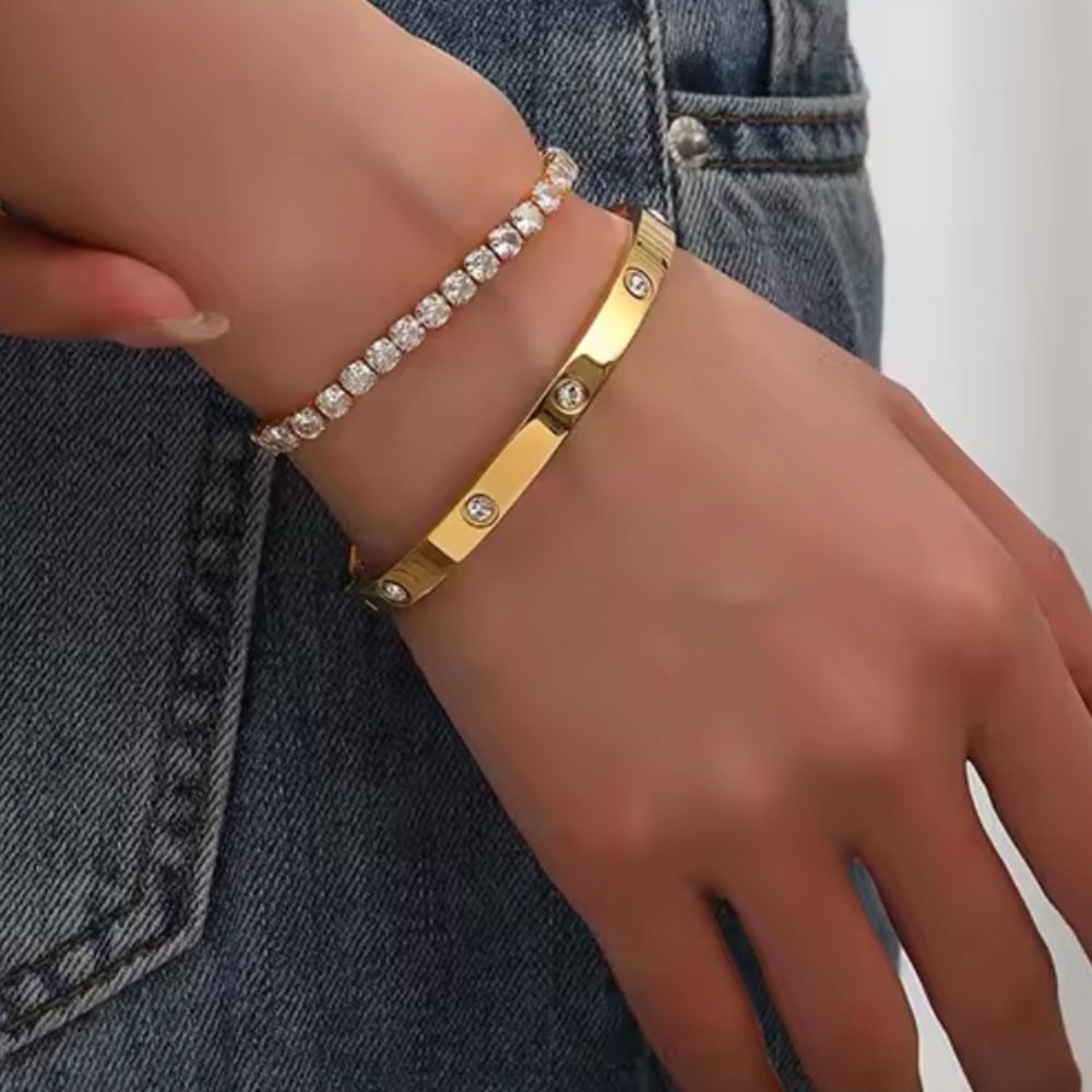 New 2 Set Of Gold Plated Stainless Steel LOVE Crystal Bangle And CZ Bracelet